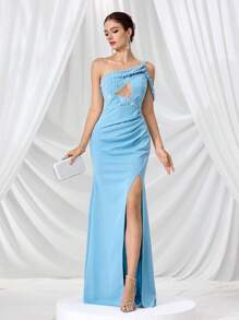 Coutiva Vestido de noche elegante de mujer con cuello asimétrico con cuentas, recorte hueco y abertura alta, vestido formal para fiestas y eventos, apto para invitada de boda - Azul - Ver 9