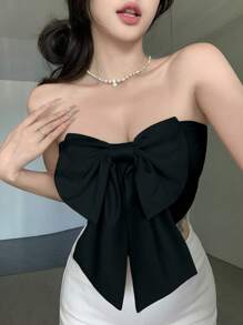 DAZY Áo ống đen hở vai họa tiết nơ cho bé gái mùa hè mới - màu đen - Xem 1