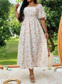 Flirla Plus Size Short Sleeve Square Neck Dress, Fashionable For Summer - Multicolor - View 7