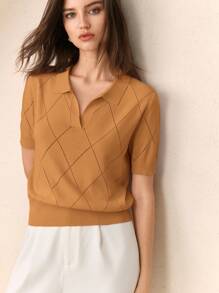 BizChic Autumn Women's Caramel Polo Collar Diamond Knit Short Sleeve Pullover Sweater, Basic Urban Commute Simple Elegant Fashionable Business Casual Outfit, Suitable For Teachers, Office Wear