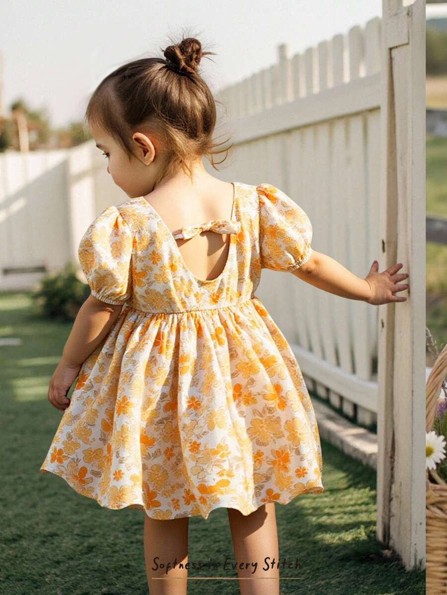 Cozy Pixies 女婴碎花蝴蝶结方领荷叶边袖收腰连衣裙 - 彩色 - 查看 1