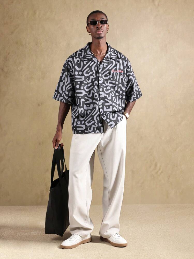 抽象柄ボタンアップシャツ 半袖 ボックスフィット キャンプカラー オーバーサイズ