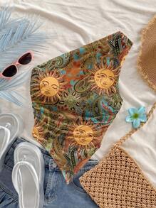 Soleia 夏季度假风格绿色复古金色太阳佩斯利图案女式斜肩不对称下摆短款上衣 - 彩色 - 查看 7