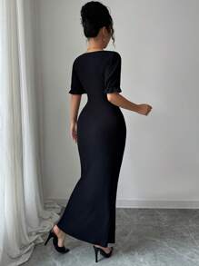 Modelyn Vestido midi feminino com decote quadrado e manga lanterna, tecido texturizado, elegante para uso diário