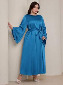 Graceveil Plus Size Women Flared Sleeve Pearl Beaded Arabic Style Dress Modest