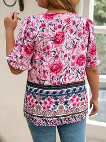 EMERY ROSE Plus Size Bohemian Style Casual Positioning Printed Shirt, Vacation - Pink - View 2