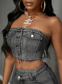 Slaydiva Simple Denim Crop Top With Front Button Pocket, Casual Wear - Light Grey - View 4