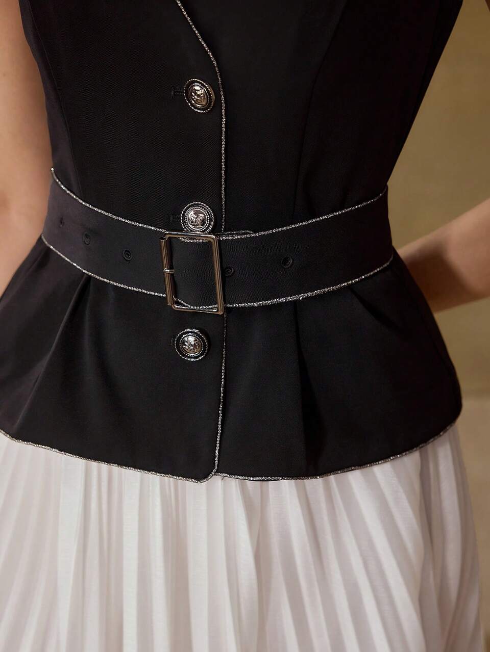 PLEATED COLORBLOCK BELTED DRESS