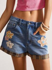 Bohemela Shorts vaqueros tejidos de unicolor con bordado, estilo campestre vintage bohemio