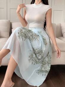 DAZY 两件套女士办公室套装 - 纯色翻领针织上衣和印花半裙套装（复活节款） - 綠色 - 查看 1