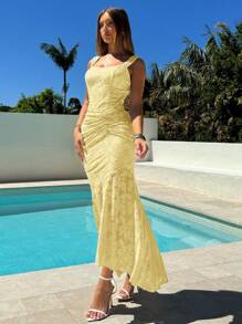 Aloruh Women's Elegant Romantic Vacation Solid Color Date Valentine's Day Fishbone Knit Cutout Texture Ruffled Asymmetrical Mermaid Bodycon Maxi Dress Party Dresses For Women,Bodycon Dress