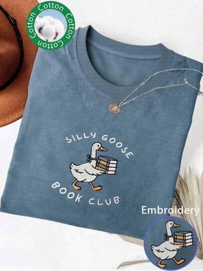 Lalippa Camiseta con cuello redondo bordada "Club del Libro de la Ganso Tonta" para mujeres, camiseta cómoda de color para lectores, regalo para amantes de los libros