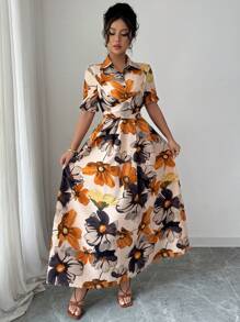 Modelyn Đầm xòe xếp ly cổ sơ mi tay bồng buộc eo cho nữ, Đầm dự tiệc thanh lịch lãng mạn - Nhiều màu - Xem 6