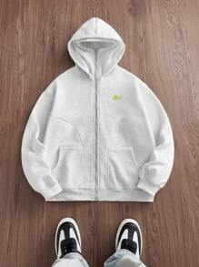 Manfinity Unisex 男士休闲针织宽松长袖连帽衫，秋冬 - 淺灰色 - 查看 1