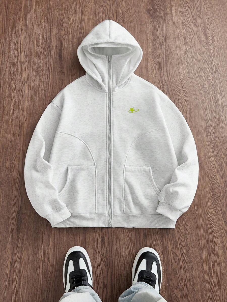 Manfinity Unisex 男士休闲针织宽松长袖连帽衫，秋冬 - 淺灰色 - 查看 1