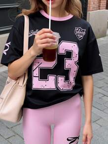 Set de 2 piezas para niñas preadolescentes: Blusa informal con lazo y estampado de letras + pantalones cortos de ciclismo, adecuado para salidas, uso diario casual, escuela, deportes - Multicolor - Ver 1