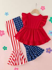 Conjunto de 2 piezas para niña joven con Top de cuello redondo con volantes y estampado de bandera de EE. UU. y pantalones ajustados con vuelo - Multicolor - Ver 2