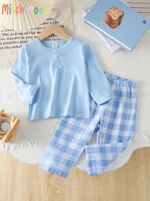 SHEIN 2 件装男婴休闲纯色长袖上衣搭配经典格子印花裤，家居服套装 - 彩色 - 查看 1