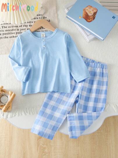 SHEIN 2pcs Baby Boys Casual Solid Color Long Sleeve Top Paired With Classic Plaid Print Pants, Home Outfit Sets