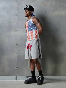 NEON BLANC Men's Streetwear-Inspired Gray Star Embroidery Personalized Knitted Shorts, School - Grey - View 1