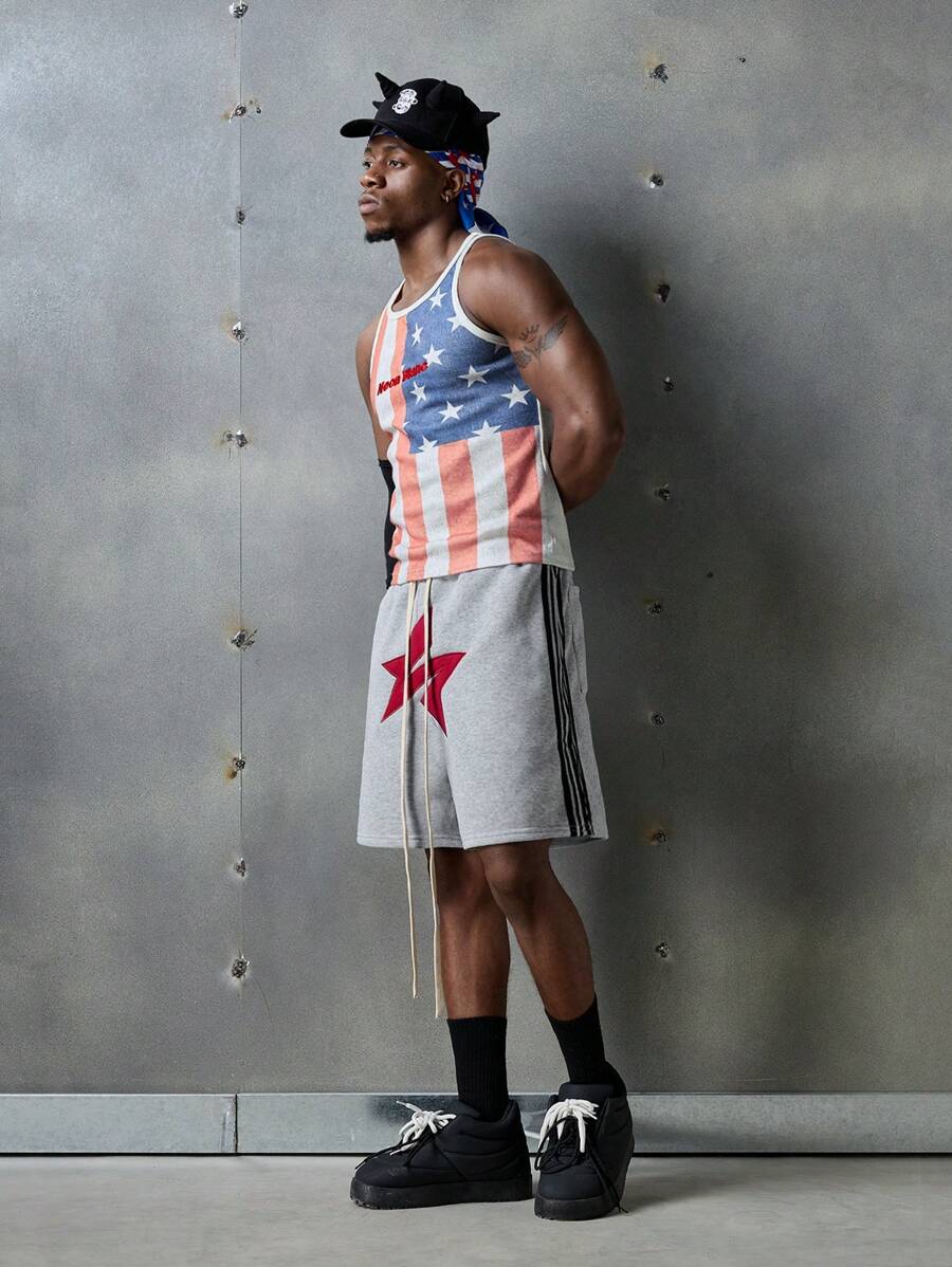 NEON BLANC Men's Streetwear-Inspired Gray Star Embroidery Personalized Knitted Shorts, School - Grey - View 1