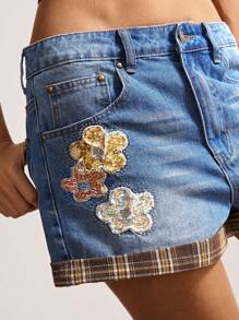 Bohemela Shorts vaqueros tejidos de unicolor con bordado, estilo campestre vintage bohemio