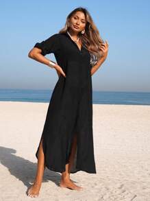 Swim Vcay 1 pieza Kimono cubridor de unicolor de manga larga para mujer, de moda para el verano - Negro - Ver 7