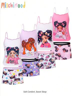 8pcs/Set Young Girl Black Ruffle Trim Camisole & Shorts Set, Casual & Simple Fashion Soft Printed Underwear
