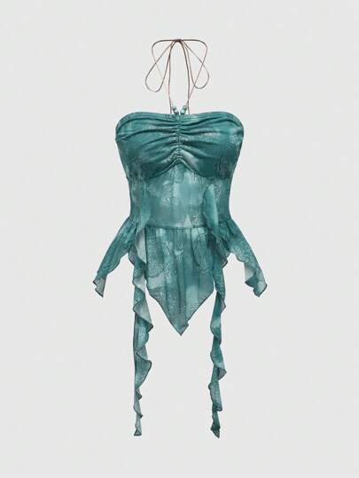 ROMWE Fairycore Women's Paisley Print Halter Neck Asymmetrical Hem Tank Top