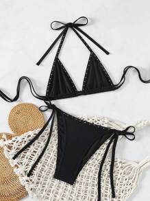 SHEIN Swim Bộ 2 chiếc/Bộ Bikini hở lưng gợi cảm cho nữ không gọng, Quần buộc dây bên hông, Đồ bơi đi biển đơn giản cho nữ, Kỳ nghỉ xuân - màu đen - Xem 1