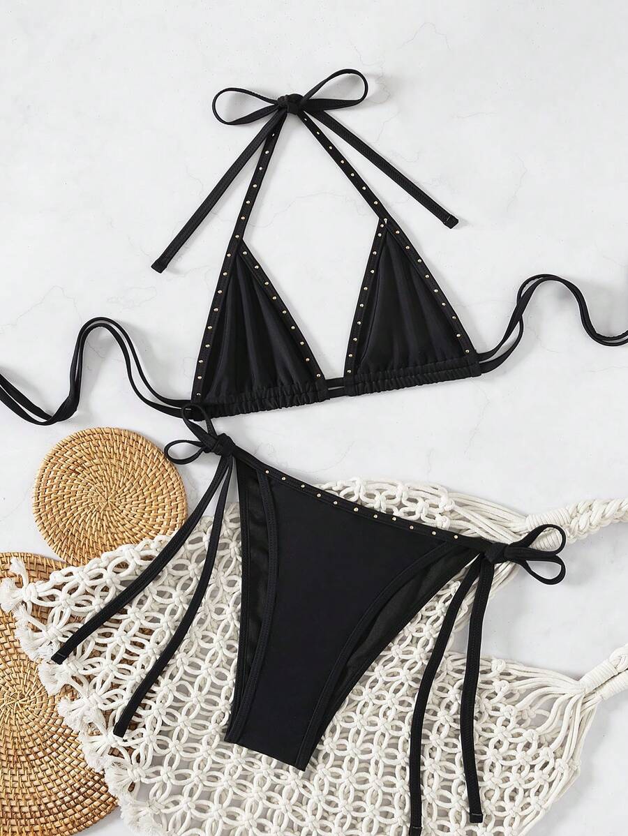 SHEIN Swim Bộ 2 chiếc/Bộ Bikini hở lưng gợi cảm cho nữ không gọng, Quần buộc dây bên hông, Đồ bơi đi biển đơn giản cho nữ, Kỳ nghỉ xuân - màu đen - Xem 1