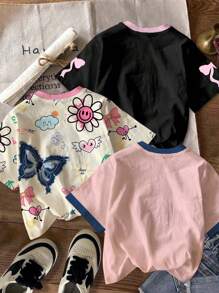 SHEIN Leap Crew 女童 4 件装可爱蝴蝶结和数字 28 图案印花短袖圆领 T 恤，休闲甜美风格，非常适合夏季舒适街头服饰返校服装 - 彩色 - 查看 2