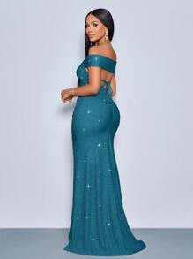 SOLERSUN 适合圣诞派对度假和约会优雅的勃艮第酒红色优雅扭曲露肩露背肩带高开叉美人鱼连衣裙，带有金属光泽，适合新年服装长款女装 - 水鴨藍 - 查看 3