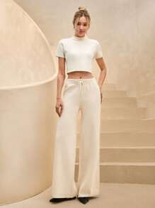 SHEIN Cottnline Floral Print Loose Wide Leg Trousers With Ribbed Cuffs - Apricot - View 3