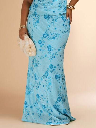 SHEIN BAE 大码女式优雅亮片刺绣美人鱼长裙，适合花园、度假、海滩、春夏季