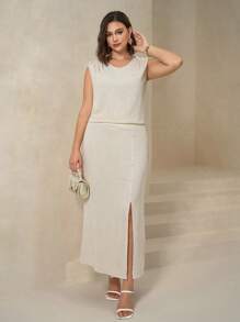 SHEIN Clasi 大码女式两件套，优雅装扮，适合户外/办公室/通勤，无袖长款套装，夏季职业女装女士夏装大码女装女士夏装女士办公室服装夏季服装女士教师服装女士外出服装夏季套装女士两件套夏季套装女士套装 - 杏色 - 查看 1