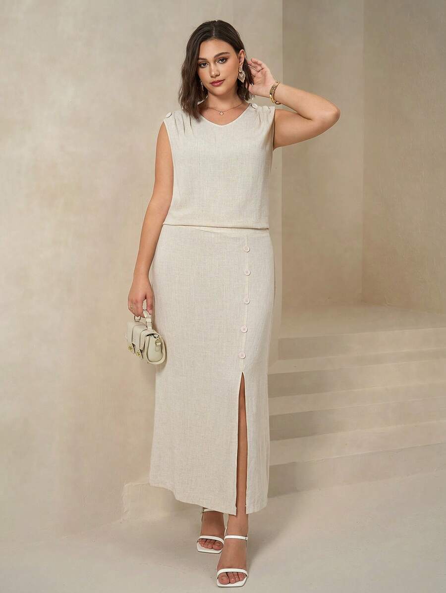 SHEIN Clasi 大码女式两件套,优雅装扮,适合户外/办公室/通勤,无袖长款套装,夏季职业女装女士夏装大码女装女士夏装女士办公室服装夏季服装女士教师服装女士外出服装夏季套装女士两件套夏季套装女士套装 - 杏色 - 查看 1