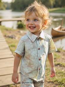 Cozy Pixies 2pcs Baby Boy Plant Floral Pattern Lapel Short Sleeve Cardigan & Elastic Waist Shorts Set