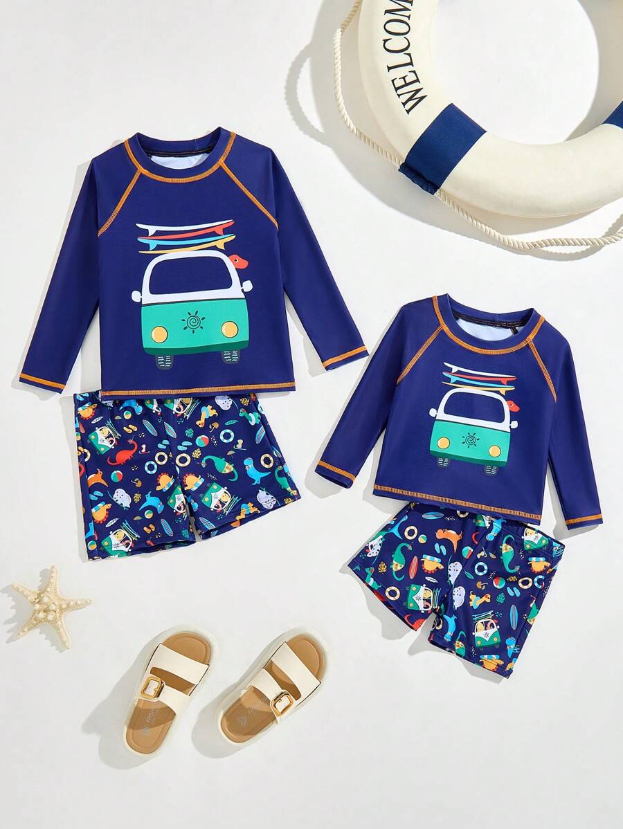 Baby BoyLong Sleeve Rash Guard & Short Swim Trunks Cartoon Printed Swimsuit Set, Sibling Matching Outfits (Sold Separately, 2 Sets) - Multicolor - View 1