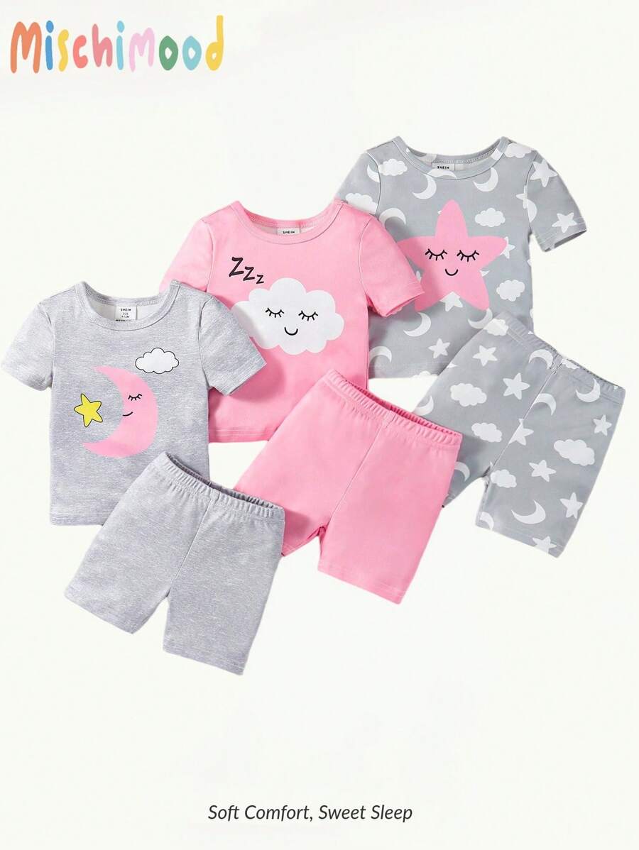 6pcs/Set Baby Girl Casual Fashion Cute Star Moon Cloud Print Short Sleeve Bodysuit And Shorts Pajama Set - Multicolor - View 1