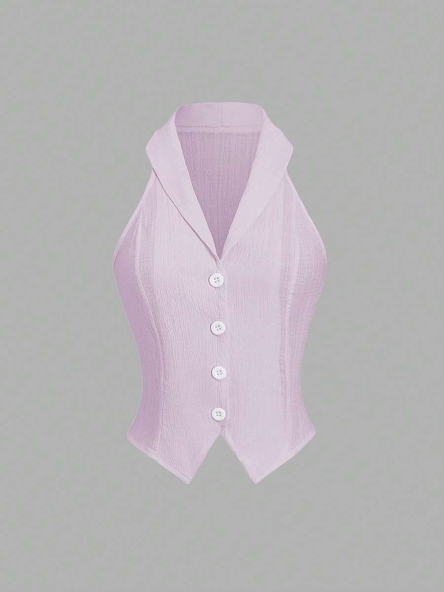 Sweetra 女式纹理薄纱翻领无袖开襟衬衫