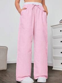 SHEIN 少女蓝白撞色腰部松紧腰休闲百搭梭织条纹阔腿裤 - 粉色 - 查看 3