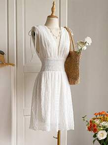 INAWLY Solid Color Deep Shirred Sleeveless Casual Summer Vacation Dress - White - View 5