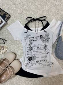 INAWLY 女式标语和花卉印花短袖T恤，夏季 - 白色 - 查看 3