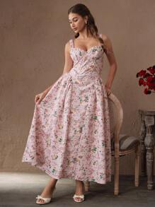SHEIN Unity Váy xòe xanh trễ vai buộc dây hở lưng họa tiết hoa lãng mạn thanh lịch có thân áo bo xương thép, lý tưởng cho trang phục nghỉ dưỡng mùa xuân và mùa hè - Hồng - Xem 3
