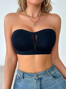 SHEIN Sexy Mesh Hollow-Out Panel Strapless Bandeau Top - Black - View 4