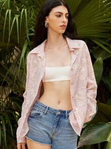 SHEIN Unity Camisa de manga larga de dama, nueva para verano, con cierre de botones delanteros, diseño holgado y estilizador, bordado 3D floral, cinta de gran resistencia, fresca y versátil - Rosa Pálido - Ver 6