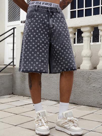 Street Life Denim-Shorts mit rundum bedruckter Tasche und ausgefranstem Saum, locker und lässig