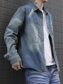 Manfinity Homme Men Casual Washed Denim Shirt For Everyday Wear, Fall - Blue - View 3