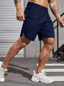 Gym Rark Men's Geometric Print Drawstring Waist Pocket Sports Shorts Workout Clothes Running Shorts - Navy Blue - View 4
